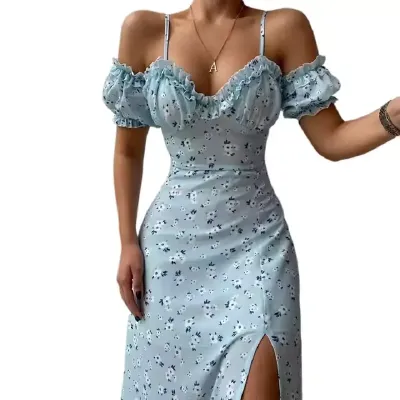  MIDI COMFORTABLE V-NECK SKIRT FLORAL FRENCH HALTER DRESS